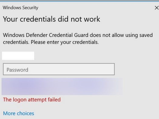 Credential Guard в Защитнике Windows не разрешает использовать сохраненные учетные данные